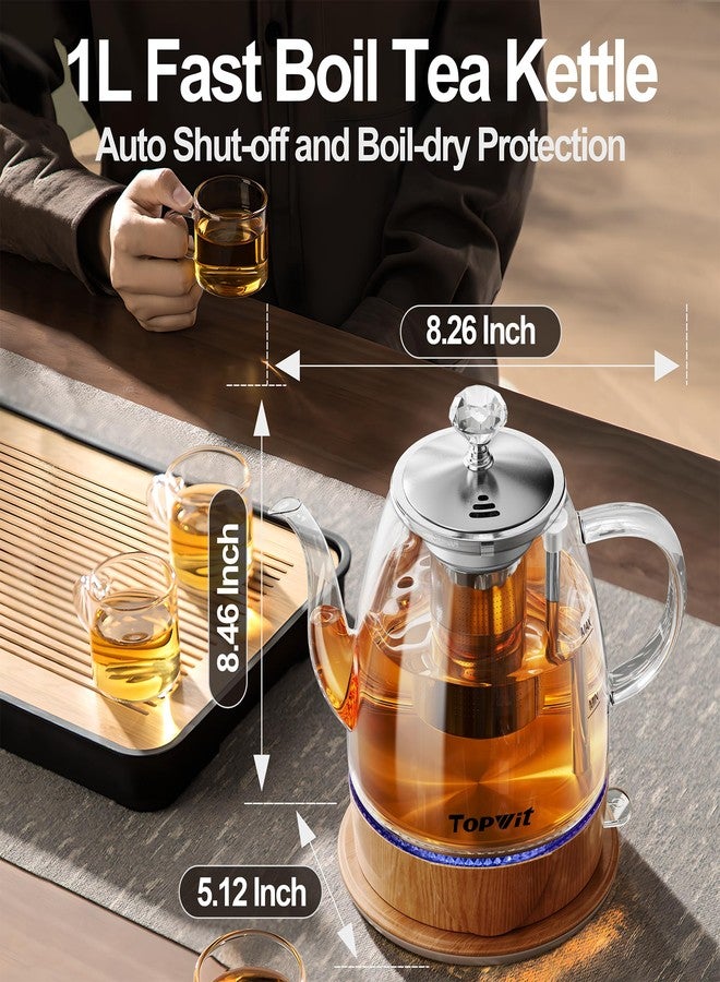 Topwit Electric Kettle Glass, For Hot Water, Tea and Coffee Dual Purpose Design, BPA-Free, 1L Pour Over Removable Stainless Steel Infuser, Auto-shut Off & Boil-dry Protect - Image 2