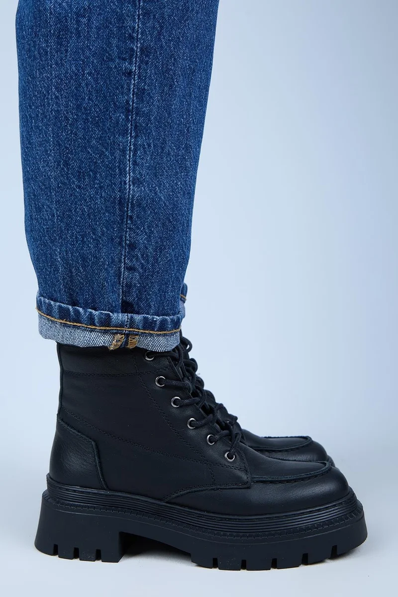 Manijero Manijero Ayra Women's Genuine Leather Lace-Up Square Toe Black Boots