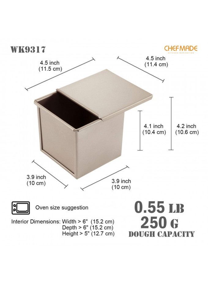 chefmade Mini Pullman Loaf Pan with Lid, 0.55Lb Dough Capacity Non-Stick Rectangle Flat Toast Box for Oven Baking 3.9" x 3.9"x 3.9"(Champagne Gold) - Image 5
