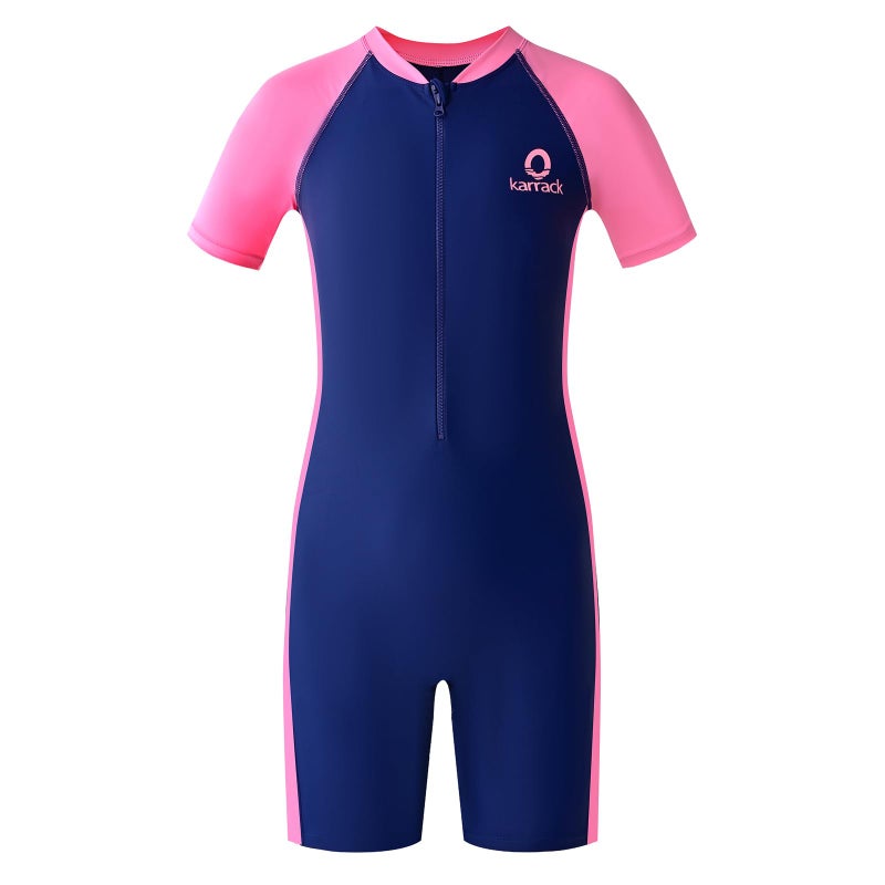 karrack Girls and Boys One Piece Rash Guard Swimsuit Kid Water Sport Short Swimsuit UPF 50+ Sun Protection Bathing Suits Blue-Pink (Size 8-10Years) - Image 1