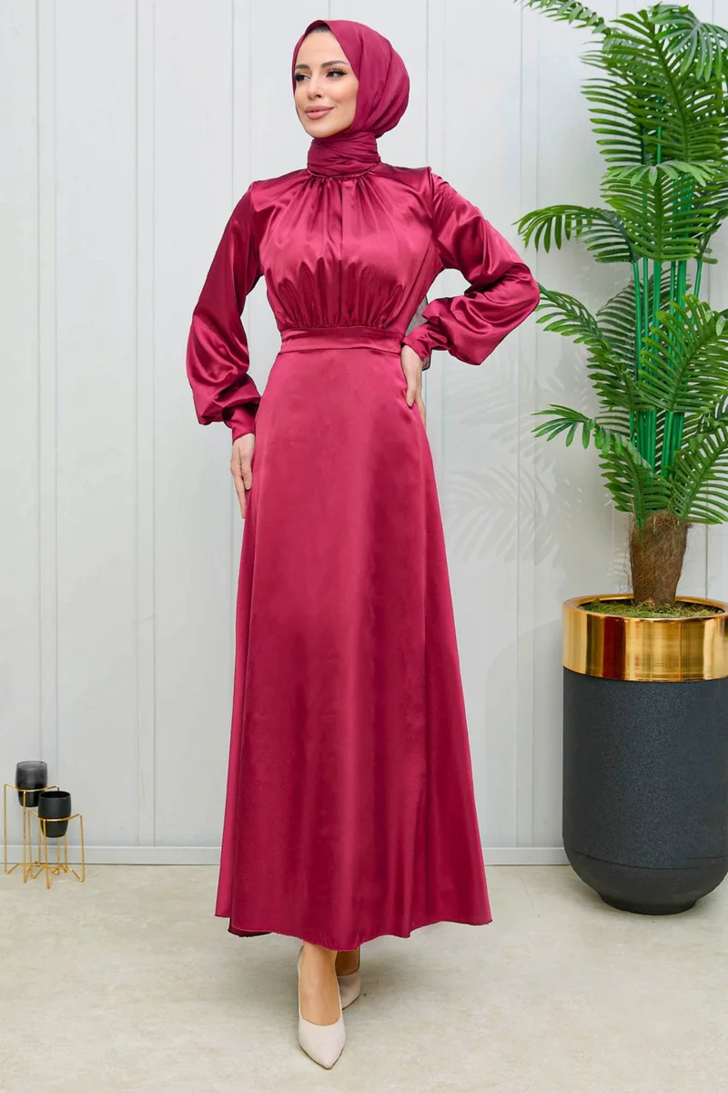 Tofisa Plain Crew Neck Women's Burgundy Evening Dress - 11635