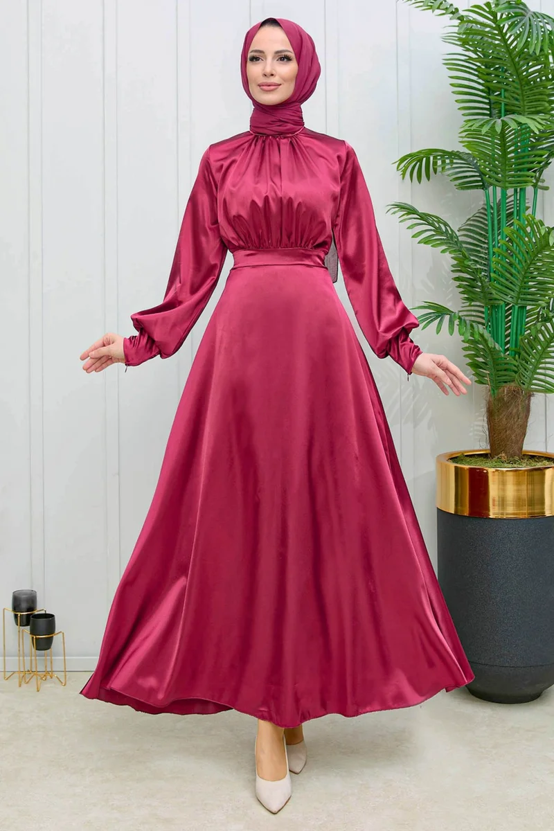 Tofisa Plain Crew Neck Women's Burgundy Evening Dress - 11635