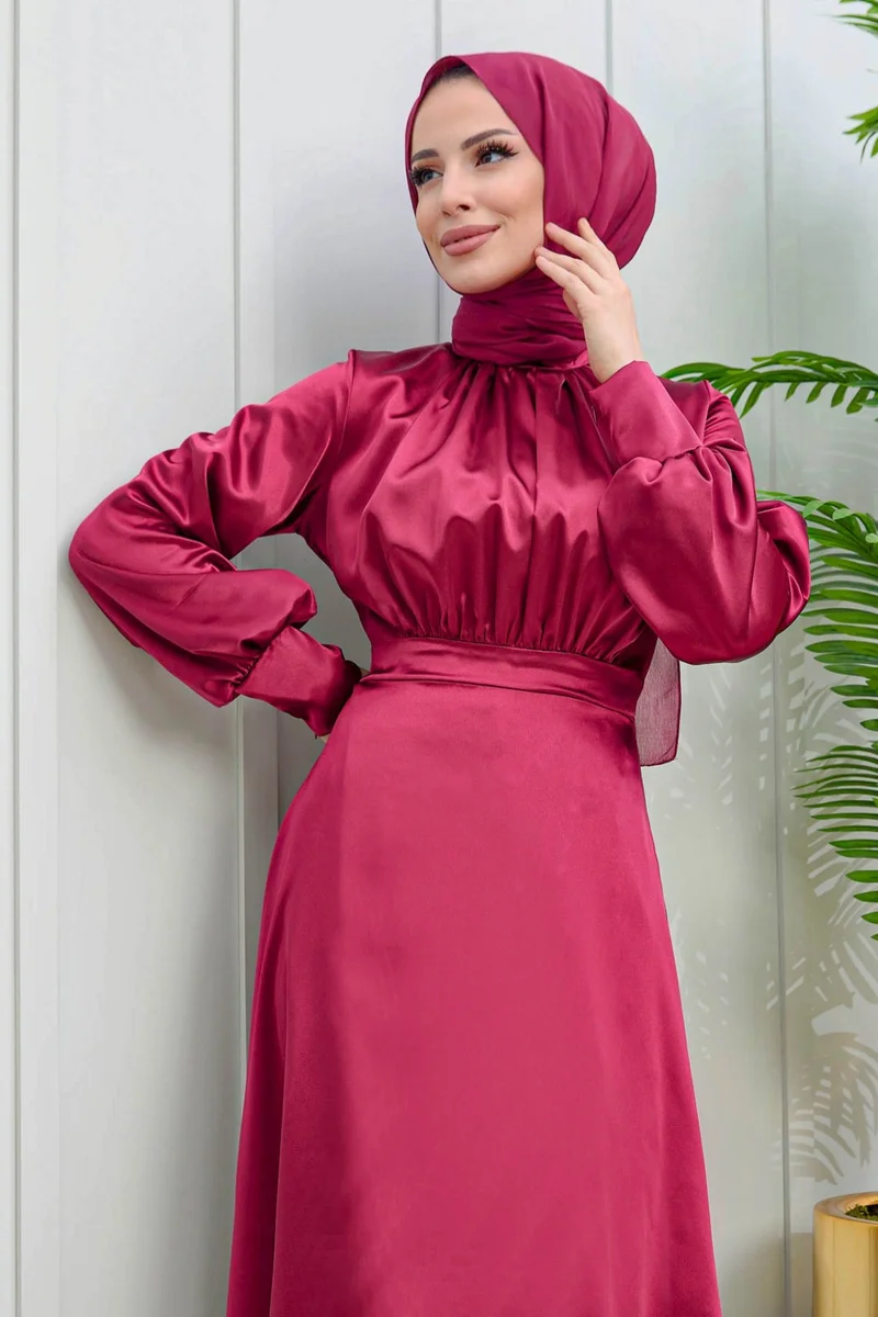 Tofisa Plain Crew Neck Women's Burgundy Evening Dress - 11635