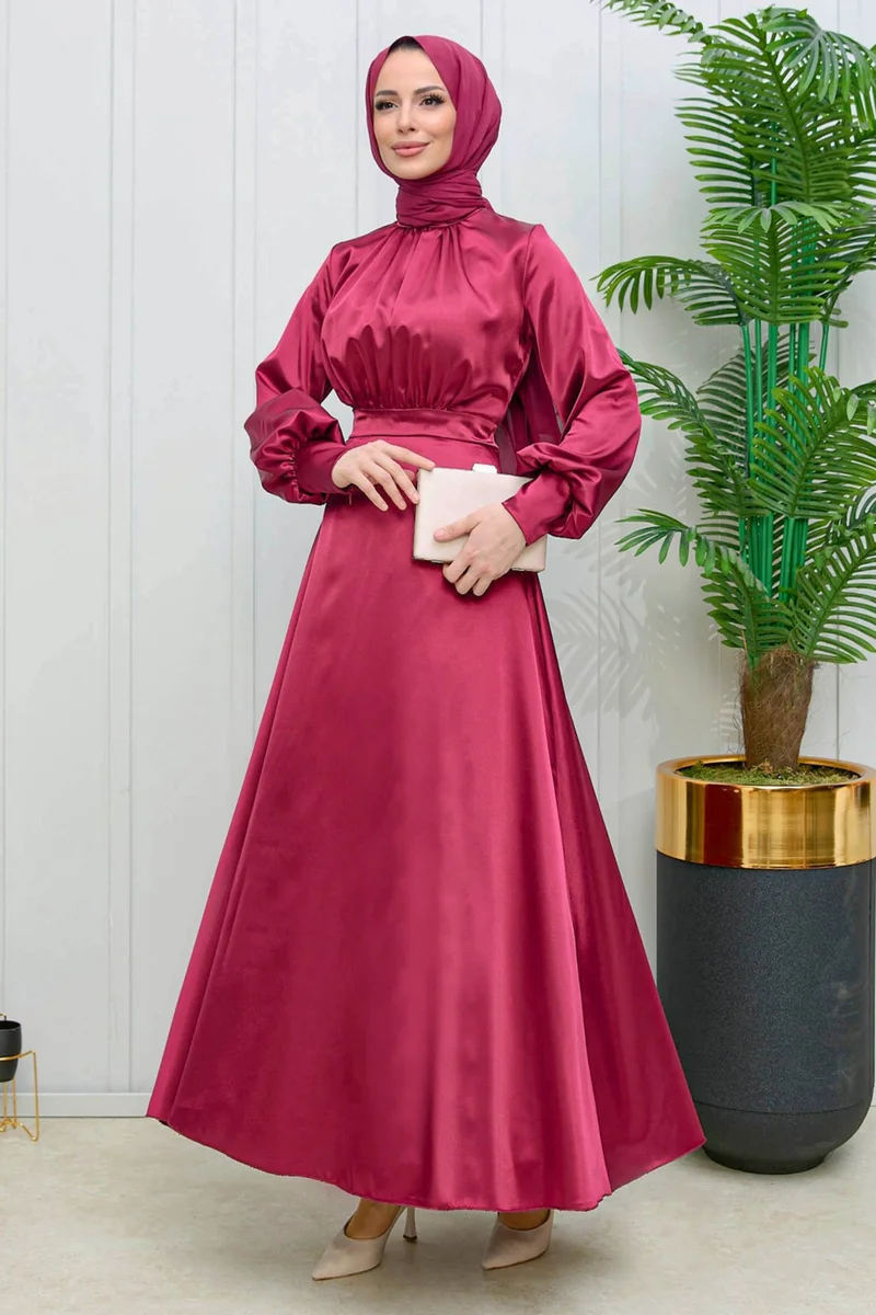 Tofisa Plain Crew Neck Women's Burgundy Evening Dress - 11635