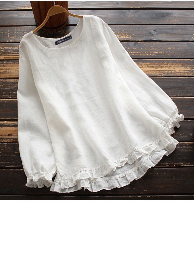 Loquat - Women's Round Neck Loose Shirts Solid Casual Flounce Hem Blouses Tops White - Image 1