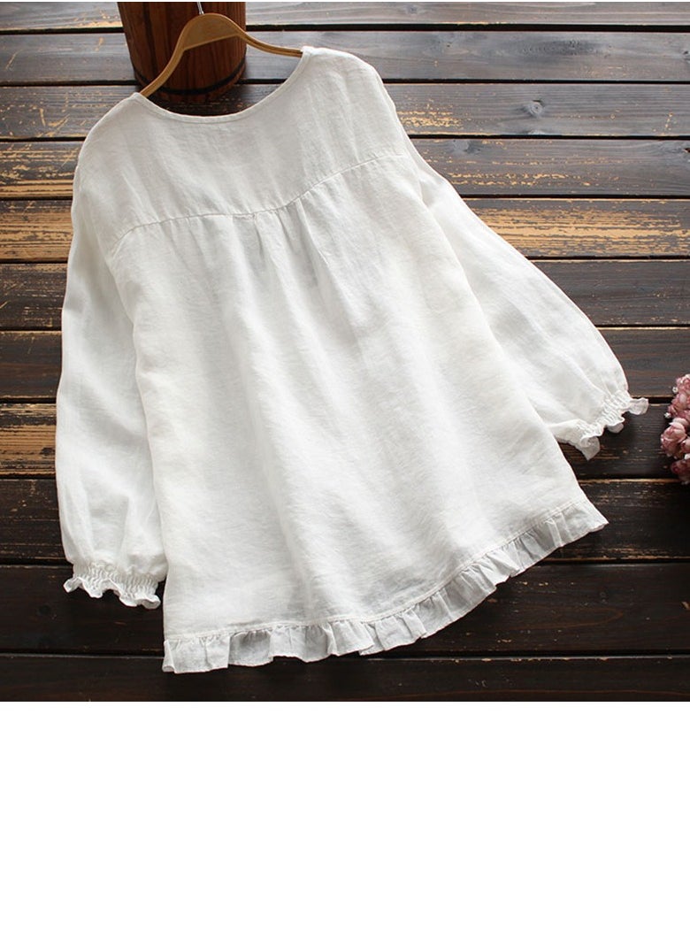 Loquat - Women's Round Neck Loose Shirts Solid Casual Flounce Hem Blouses Tops White - Image 1