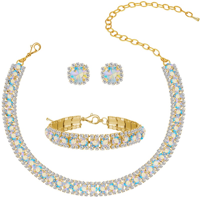 Paxuan Women Rhinestone Crystal Jewelry Set Crystal Tennis Design Rhinestone Choker Necklace Link Bracelet Teardrop Earrings Set Wedding Bridal Bridesmaids Party (Gold Plated AB Crystal（2）) - Image 1