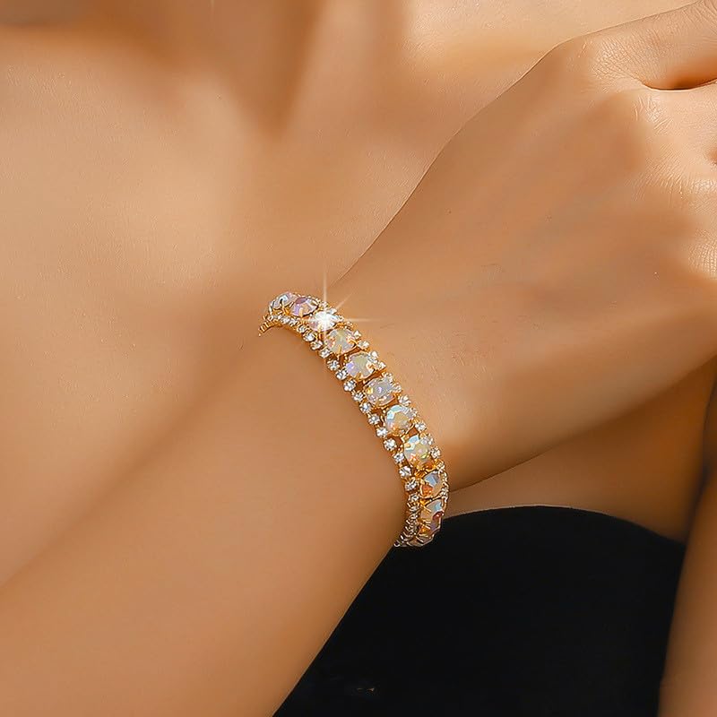 Paxuan Women Rhinestone Crystal Jewelry Set Crystal Tennis Design Rhinestone Choker Necklace Link Bracelet Teardrop Earrings Set Wedding Bridal Bridesmaids Party (Gold Plated AB Crystal（2）) - Image 3