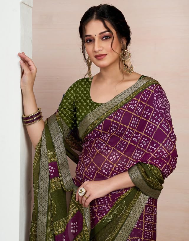 SIRIL Women's Chiffon Bandhani Printed Saree With Unstitched Blouse Piece (4156S108_Wine & Olive Green) - Image 5