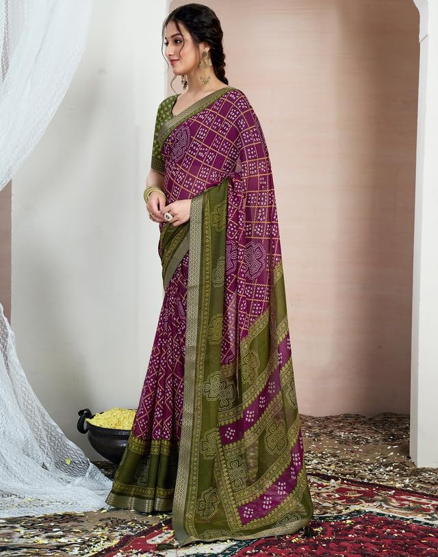 SIRIL Women's Chiffon Bandhani Printed Saree With Unstitched Blouse Piece (4156S108_Wine & Olive Green) - Image 2