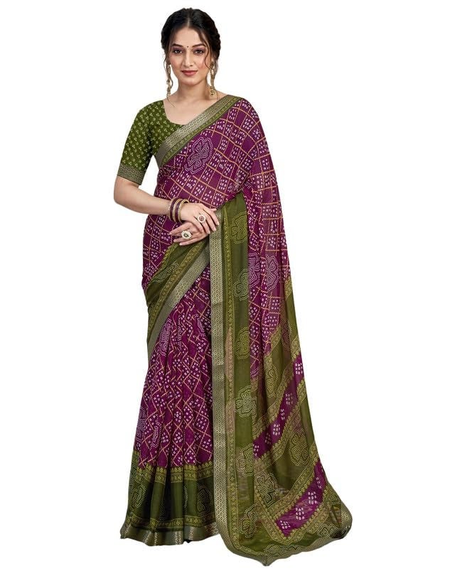 SIRIL Women's Chiffon Bandhani Printed Saree With Unstitched Blouse Piece (4156S108_Wine & Olive Green) - Image 1