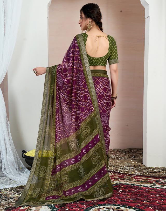 SIRIL Women's Chiffon Bandhani Printed Saree With Unstitched Blouse Piece (4156S108_Wine & Olive Green) - Image 4