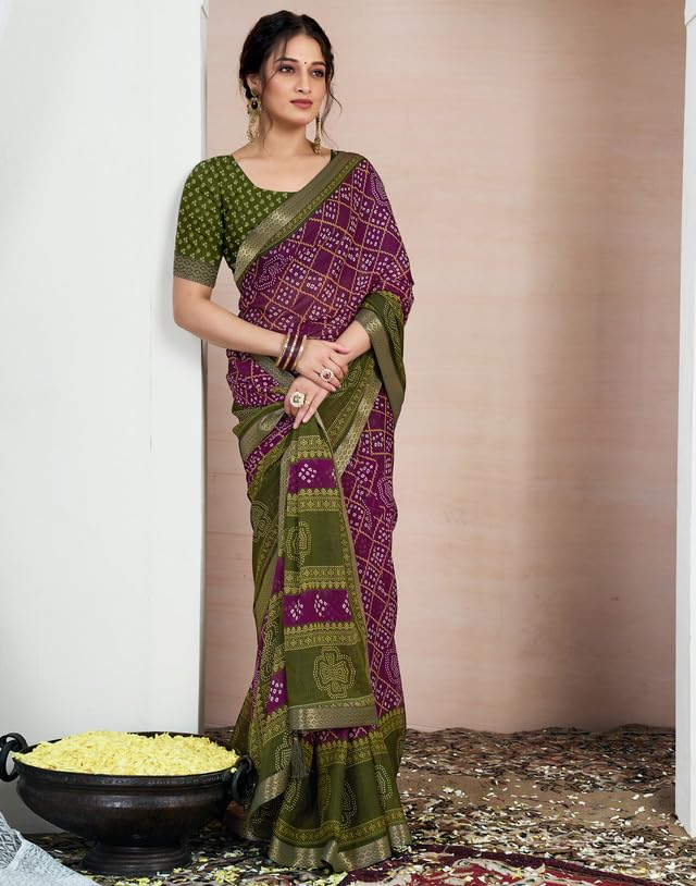 SIRIL Women's Chiffon Bandhani Printed Saree With Unstitched Blouse Piece (4156S108_Wine & Olive Green) - Image 3