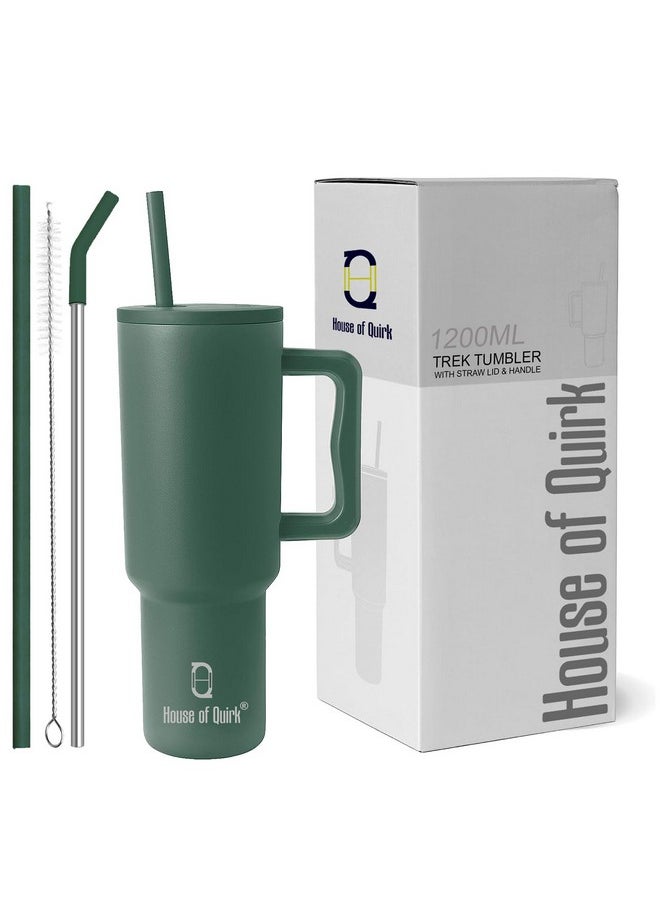 HOUSE OF QUIRK House of Quirk 1200ML Stainless Steel Tumbler Hot and Cold with Handle and Lid 2 Straw, Double Insulated Cup 100% Leak Proof Mug Cupholder for Gym, Travelling (Hunter Green) 