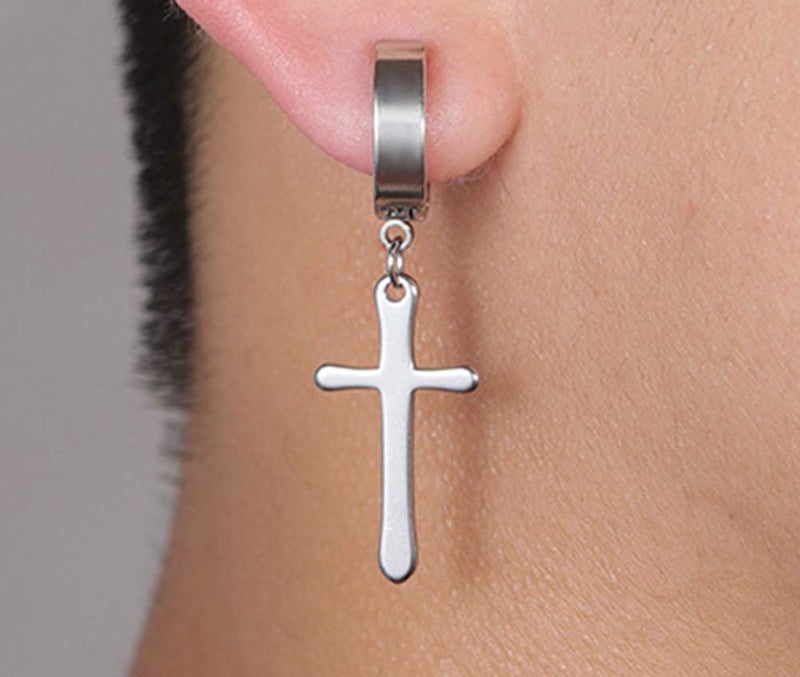 CCBFY Non-pierced Earrings Set for Men Women Cross Titanium Steel Hoop Dangle Clip On Earring - Image 3