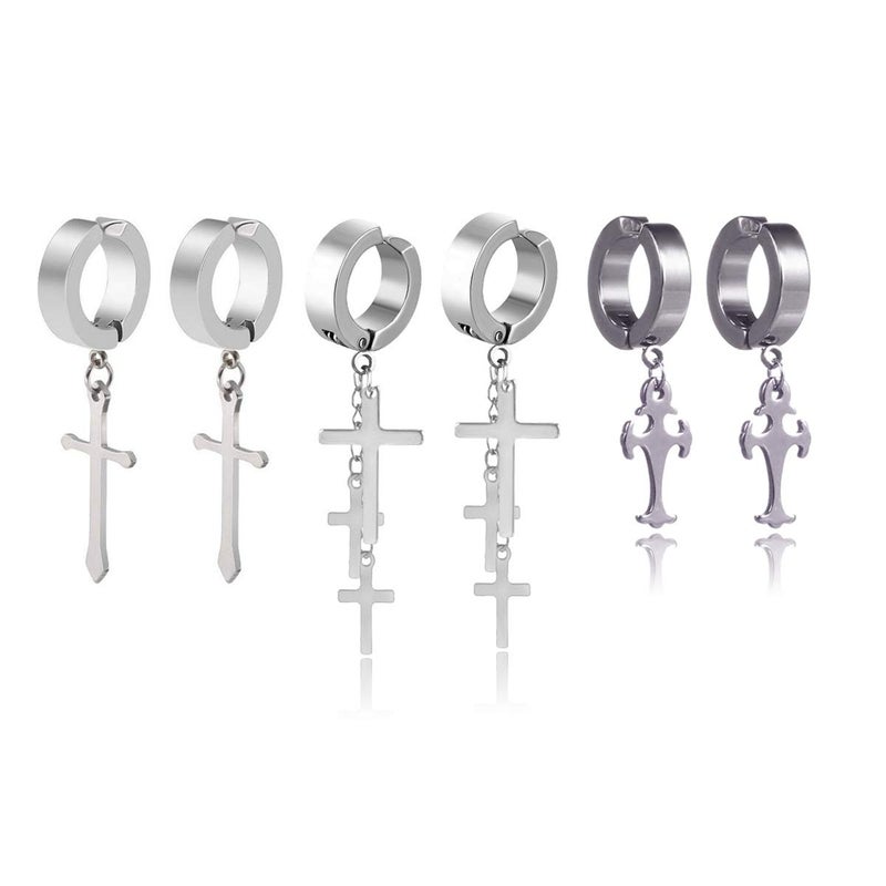 CCBFY Non-pierced Earrings Set for Men Women Cross Titanium Steel Hoop Dangle Clip On Earring - Image 1
