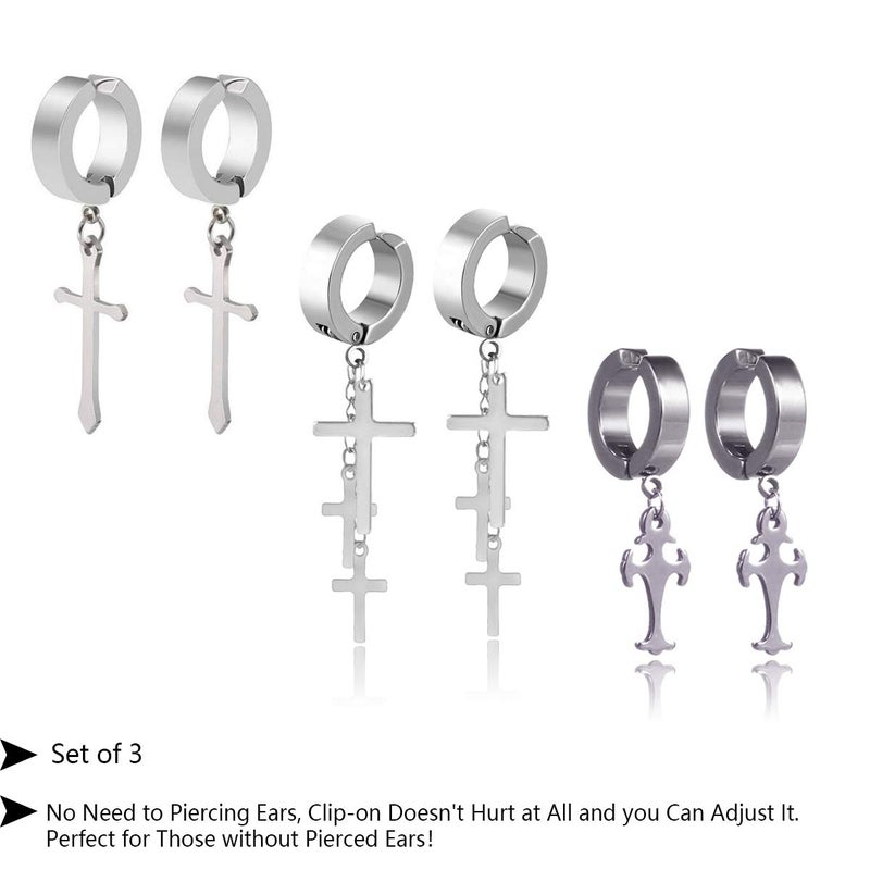 CCBFY Non-pierced Earrings Set for Men Women Cross Titanium Steel Hoop Dangle Clip On Earring - Image 2