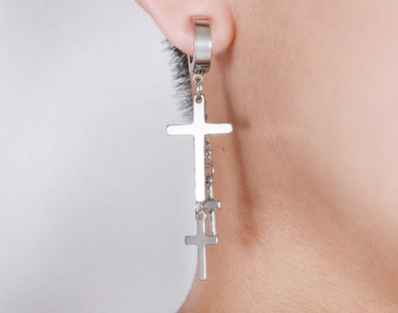CCBFY Non-pierced Earrings Set for Men Women Cross Titanium Steel Hoop Dangle Clip On Earring - Image 5