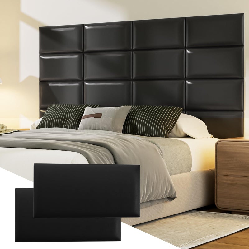 Elvone Upholstered Headboard Panels, 12 Panels Sized 7.8" x 15.7" Peel and Stick Padded Wall Panels for Kids, 3D Anti-Collision Wall Mounted Bed headboard for Full, Black - Image 1