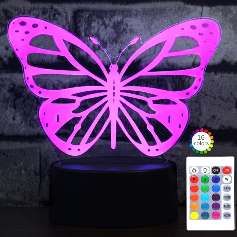 iCHONY Butterfly 3D Night Light Birthday Gift Illusion Lamp 7 Colors Auto Changing Table Desk Lamp with Touch Switch Remote Control USB Cable Butterfly Light Gifts for Women Teens Girls