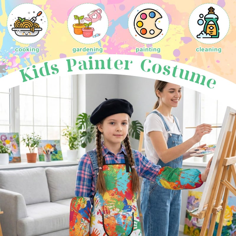 XLSXEXCL Artist Costume for Kids, Painter Dress Up Set with Colorful Artist Apron and Sleeves, Palette, Brush, Necklace, and Black Hat, Kids Painter Costume Accessories for Boys and Girls - Image 5