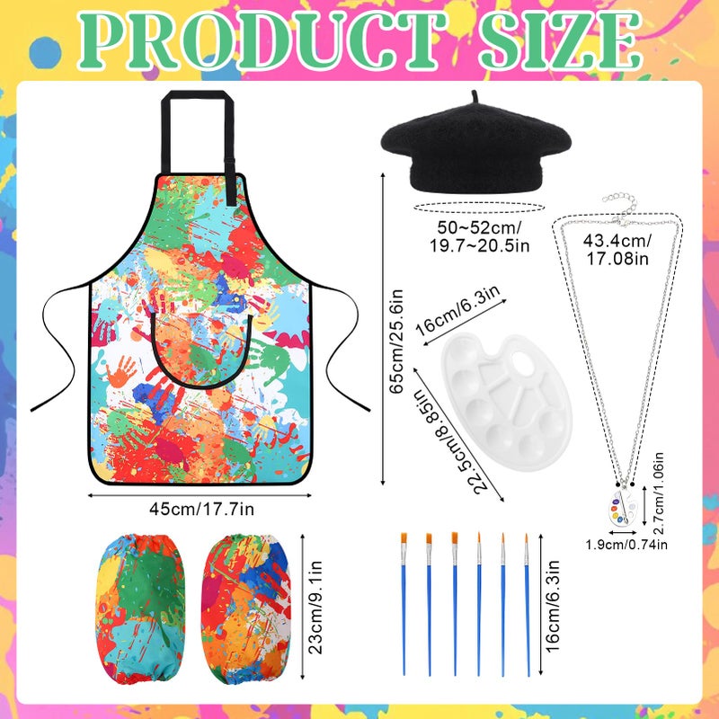 XLSXEXCL Artist Costume for Kids, Painter Dress Up Set with Colorful Artist Apron and Sleeves, Palette, Brush, Necklace, and Black Hat, Kids Painter Costume Accessories for Boys and Girls - Image 2