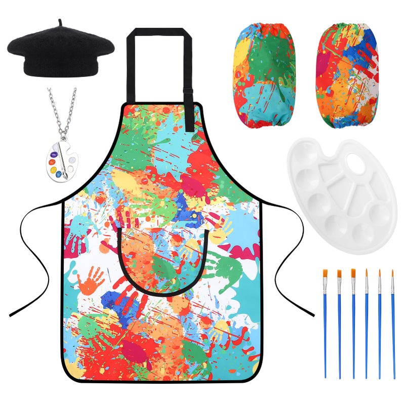 XLSXEXCL Artist Costume for Kids, Painter Dress Up Set with Colorful Artist Apron and Sleeves, Palette, Brush, Necklace, and Black Hat, Kids Painter Costume Accessories for Boys and Girls - Image 1