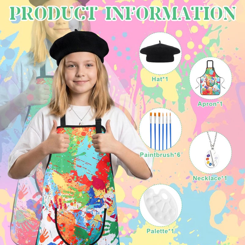 XLSXEXCL Artist Costume for Kids, Painter Dress Up Set with Colorful Artist Apron and Sleeves, Palette, Brush, Necklace, and Black Hat, Kids Painter Costume Accessories for Boys and Girls - Image 3
