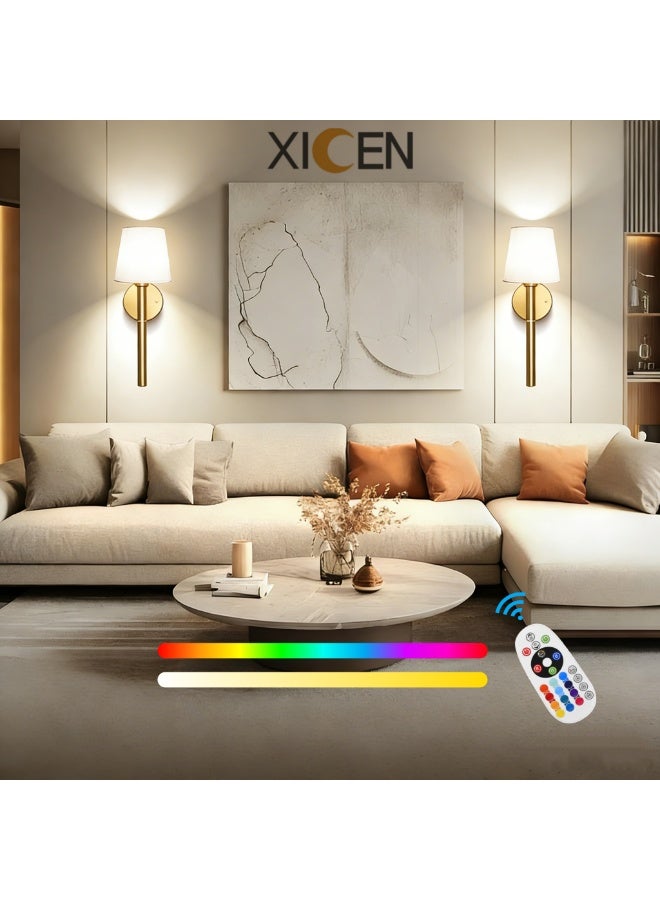 XICEN Wireless Wall Sconce Set of 2, 5200mAh Rechargeable Wall Lights with 12 RGB Colors & Dimmable Bulbs, Timer, Remote Control, Wall Lamps for Bedroom Living Room Hallway Bathroom - Image 1
