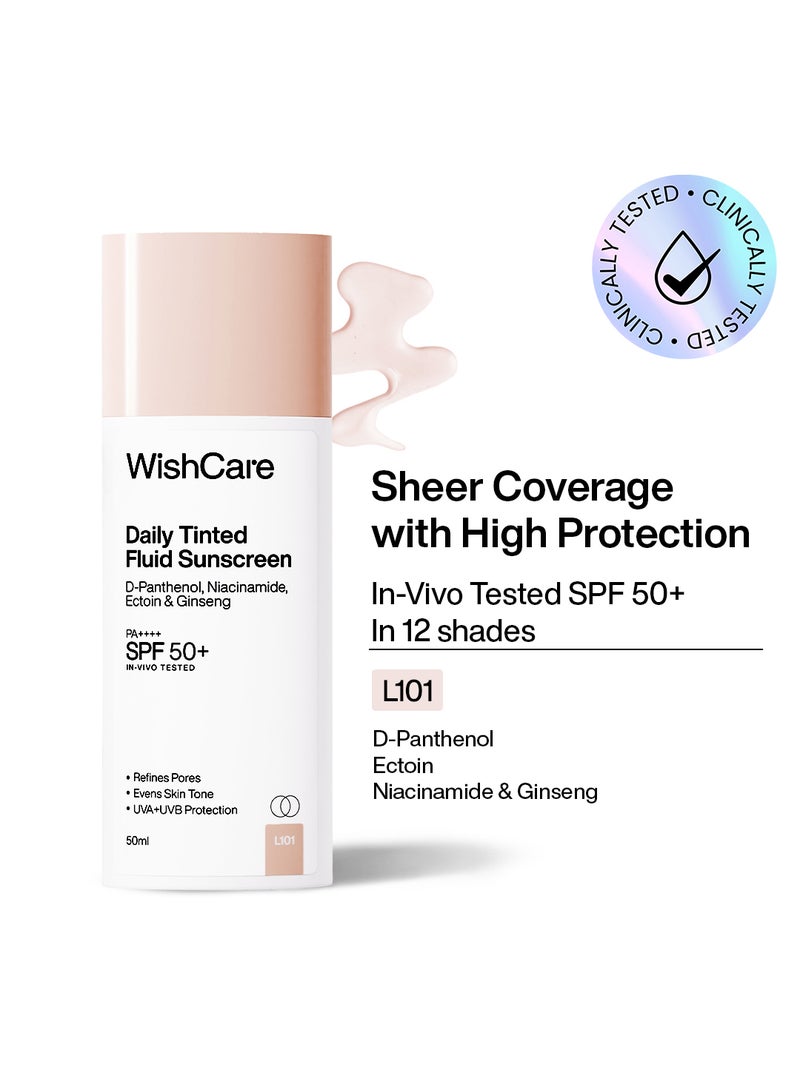 WishCare Daily Fluid Tinted Sunscreen SPF50 PA++++| L101 | Broad Spectrum Protection for all skin types | In-Vivo Tested Tinted Sun Screen | D-Panthenol, Niacinamide, Ectoin & Ginseng | Evens & Protects | 50ml - Image 1