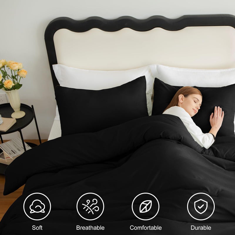 CozyLux Oversized Queen Comforter Set Black, 3 Pieces 98x98 Solid Breathable Quilted Bedding Sets for All Season, Luxury Soft Lightweight Bed Set with Down Alternative Comforter and 2 Pillowcases - Image 4