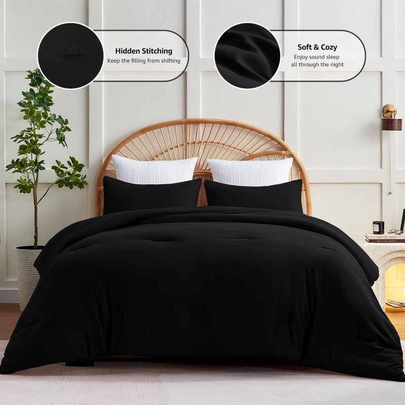 CozyLux Oversized Queen Comforter Set Black, 3 Pieces 98x98 Solid Breathable Quilted Bedding Sets for All Season, Luxury Soft Lightweight Bed Set with Down Alternative Comforter and 2 Pillowcases - Image 3