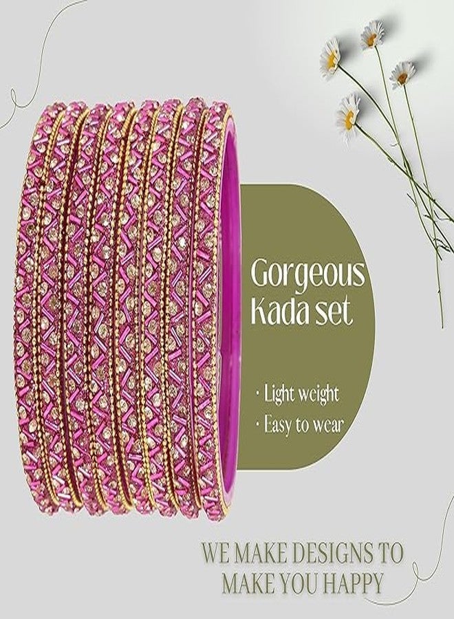BANGLESKART Glass Bangles Set For Girls and Women Studded Zircon Gemstone and Beads I Glass Bangles Women's bangles Zircon Bangles (Pack of 8) Magenta - Image 5