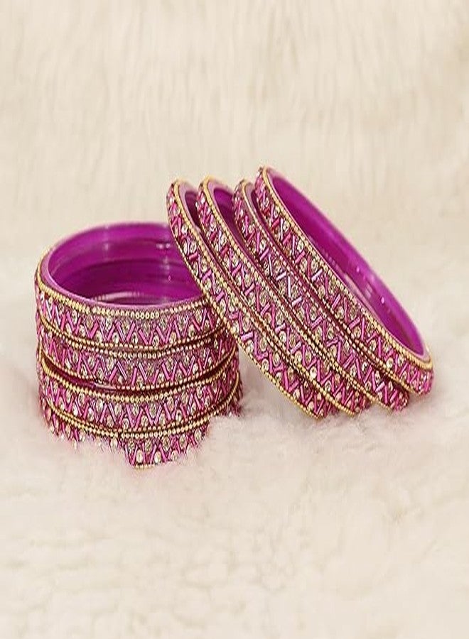 BANGLESKART Glass Bangles Set For Girls and Women Studded Zircon Gemstone and Beads I Glass Bangles Women's bangles Zircon Bangles (Pack of 8) Magenta - Image 3