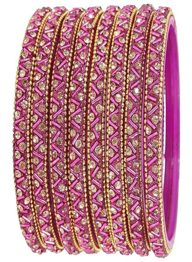 BANGLESKART Glass Bangles Set For Girls and Women Studded Zircon Gemstone and Beads I Glass Bangles Women's bangles Zircon Bangles (Pack of 8) Magenta - Image 1