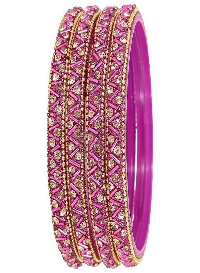 BANGLESKART Glass Bangles Set For Girls and Women Studded Zircon Gemstone and Beads I Glass Bangles Women's bangles Zircon Bangles (Pack of 8) Magenta - Image 4