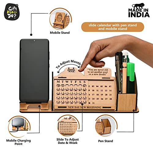Gift Kya De Wooden Desk Organizer with Desk Calendar, Mobile Holder & Pen Stand | APJ Abdul Kalam Printed Quote & Design | Office Table Decor Gift | Made in India (Eco Friendly) - Image 3