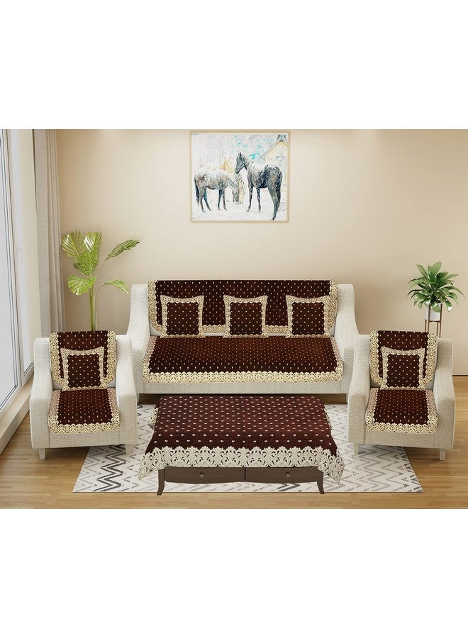 SAWNA HOMES Premium 5 Seater Printed Sofa Cover Set with Cushion +Table Covers, 3,1,1 Seater 10 Pieces Sofa Back Slip Panels, Single Seater,Coffee (Pack of 12) - Image 1
