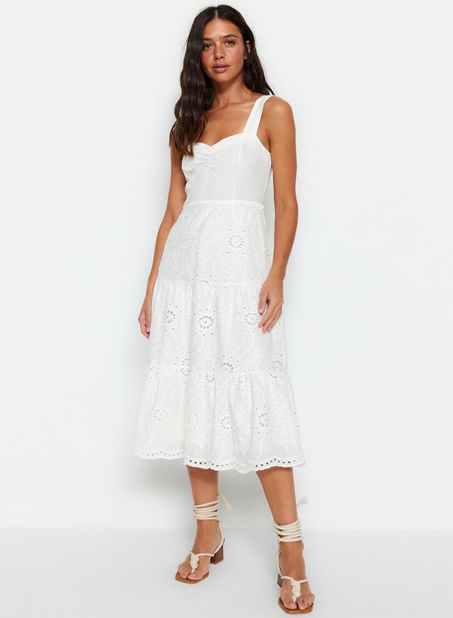 trendyol White Waist Opening Midi Lined Brode Woven Dress  - Image 1