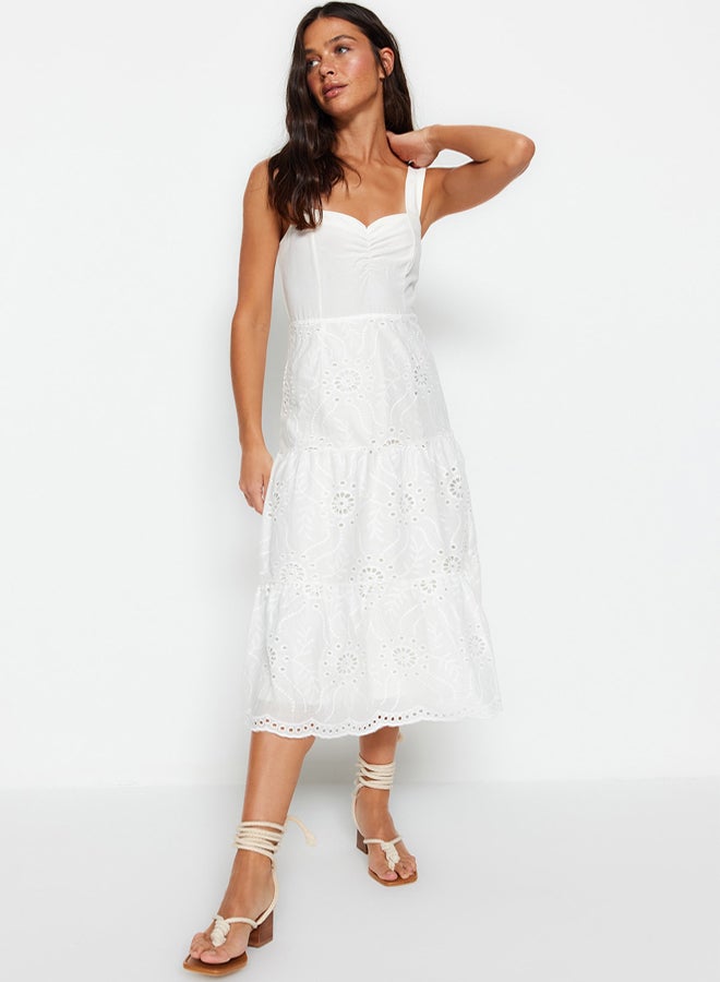 trendyol White Waist Opening Midi Lined Brode Woven Dress  - Image 2