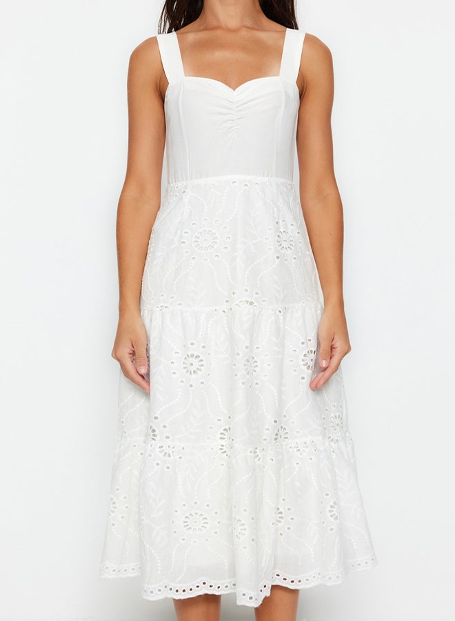 trendyol White Waist Opening Midi Lined Brode Woven Dress  - Image 4