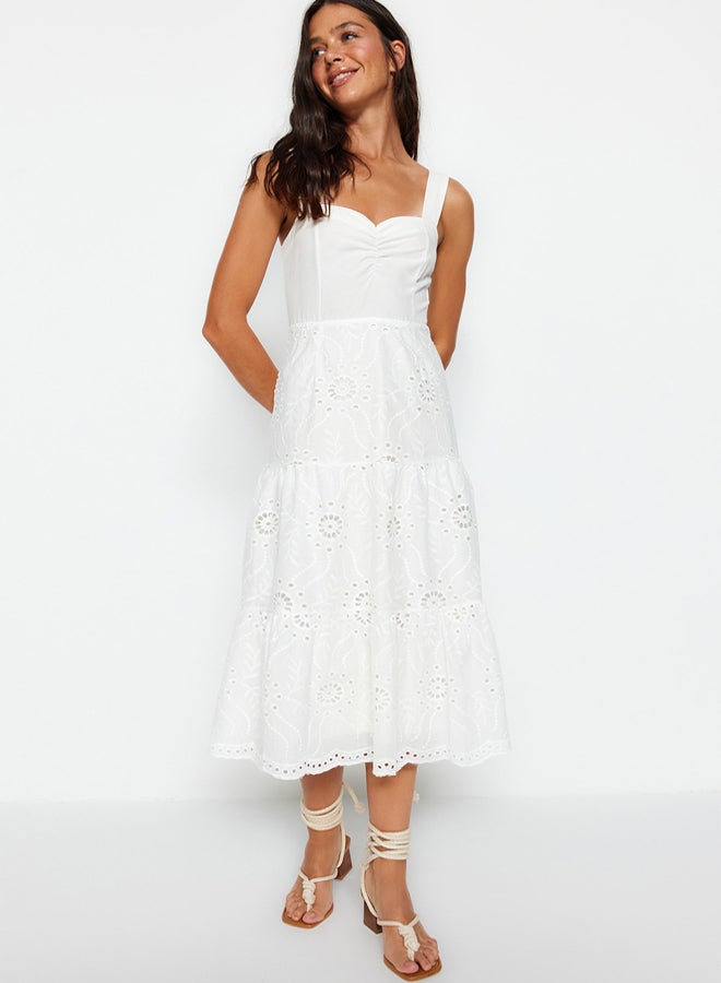 trendyol White Waist Opening Midi Lined Brode Woven Dress  - Image 3