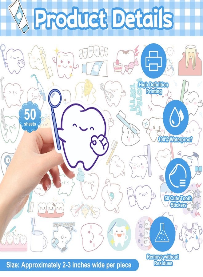 Ceonam 50 Pcs Tooth Cartoon Stickers, Dentist-Themed Waterproof PVC Reward Stickers Self-Adhesive Labels for Dental Clinics, Patient Gifts, Laptop, Water Bottle, DIY Craft, Scrapbooking, Party Favor - Image 2