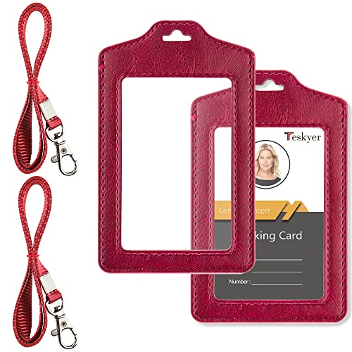 Teskyer 2 Pack Double Sided Clear Badge Holder with Lanyard, PU Leather ID Badge Name Card Holder with Stainless Steel J-Hook Nylon Lanyard for Work, School, Metro, Access, Wine Red - Image 1