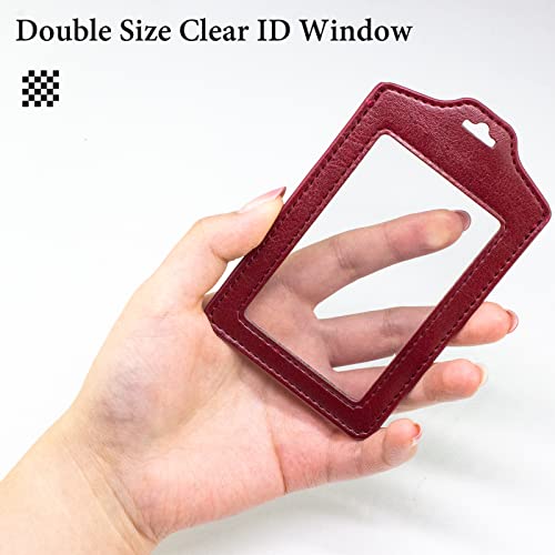 Teskyer 2 Pack Double Sided Clear Badge Holder with Lanyard, PU Leather ID Badge Name Card Holder with Stainless Steel J-Hook Nylon Lanyard for Work, School, Metro, Access, Wine Red - Image 2