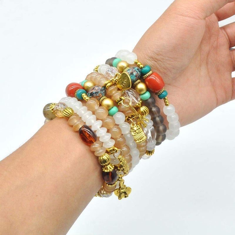 VONRU Bohemian Bracelet Sets for Women - 6 Stackable Stretch Bracelets Multi-color Boho Jewelry Hippie Dainty Best Friend Gift (Owl charm stretch bracelet set) - Image 4