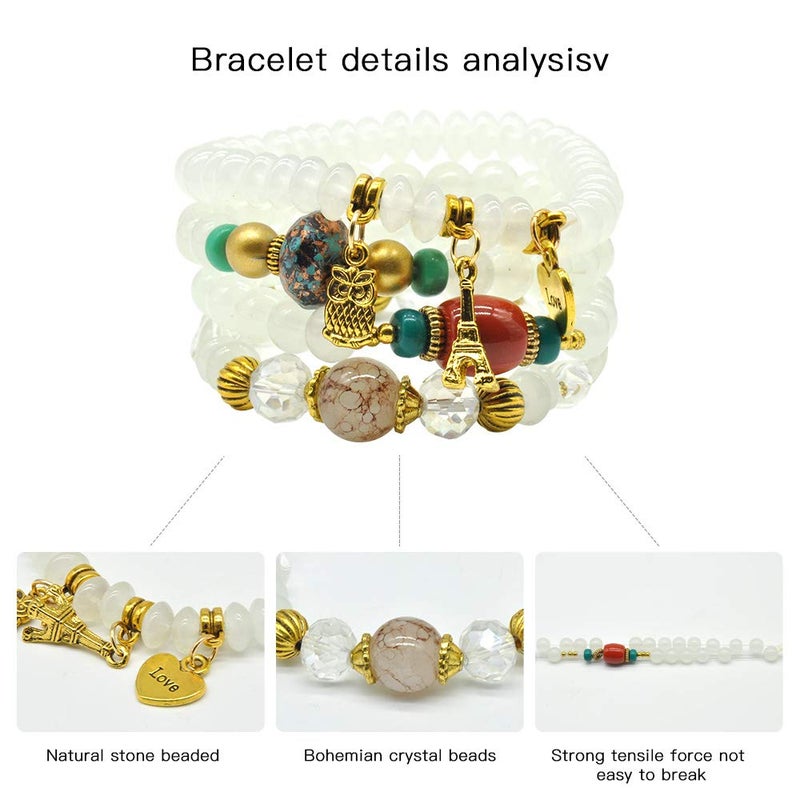VONRU Bohemian Bracelet Sets for Women - 6 Stackable Stretch Bracelets Multi-color Boho Jewelry Hippie Dainty Best Friend Gift (Owl charm stretch bracelet set) - Image 5