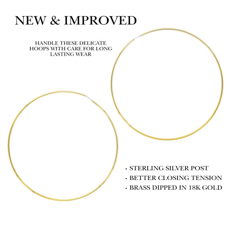 Columbus 14K Gold Plated or Rhodium Plated Thin Endless Hoop Earrings - Lightweight Wire Hoops (Gold, 70) - Image 4