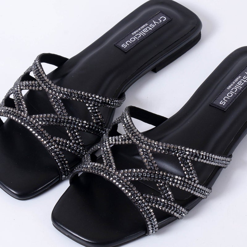 بلوري صنادل فيونا النسائية المسطحة المصنوعة يدويًا، مرصعة بأحجار الراين، سهلة الارتداء، مناسبة للمناسبات الرسمية وغير الرسمية | صديقة للبيئة وخالية من المواد الكيميائية - Image 2