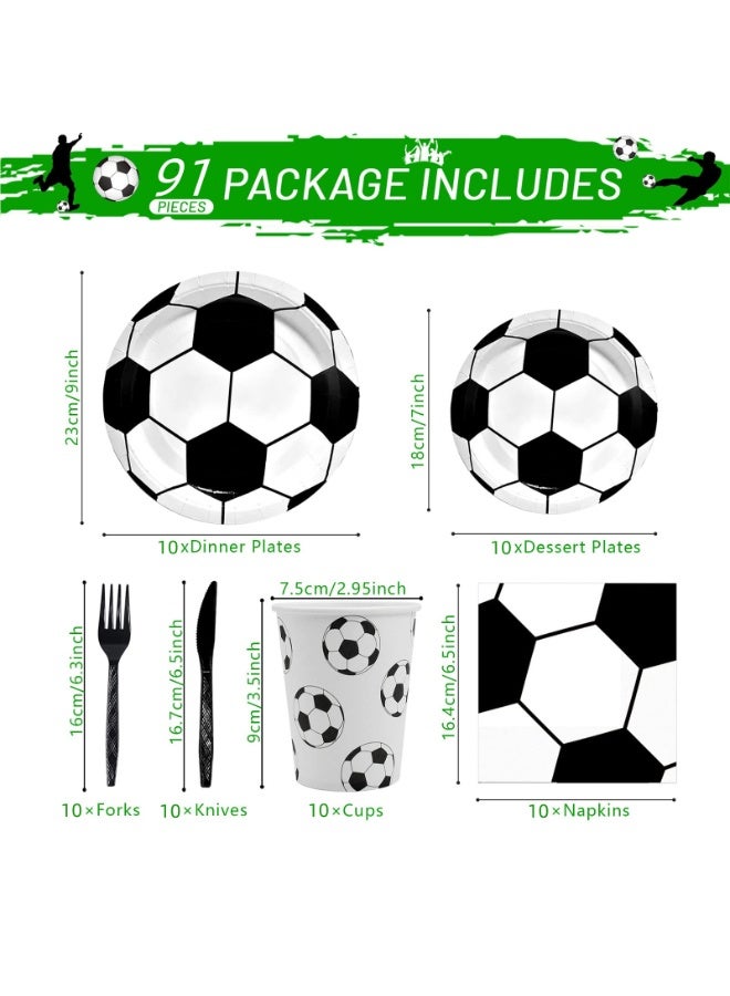 91-piece football party supplies - 10 guest sets, cutlery, paper plates, napkins, cups, knives, forks, football theme decorations - Image 3